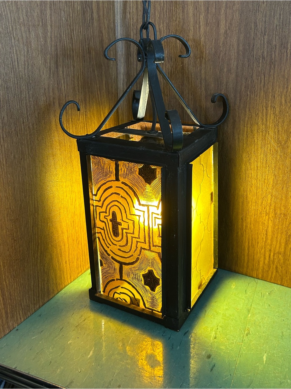 Vintage hanging light fixture Spanish revival gothic black metal yellow 1970’s